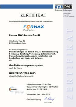 Zertifikat des Qualitätsmanagementsystems nach DIN EN ISO 9001